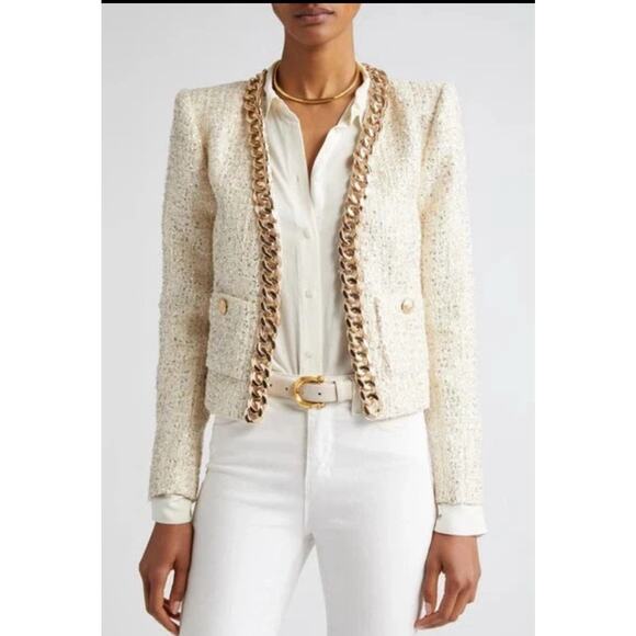 NWT L’Agence Greta Chain Jacket Blazer Champagne White Gold Metallic Tweed 0